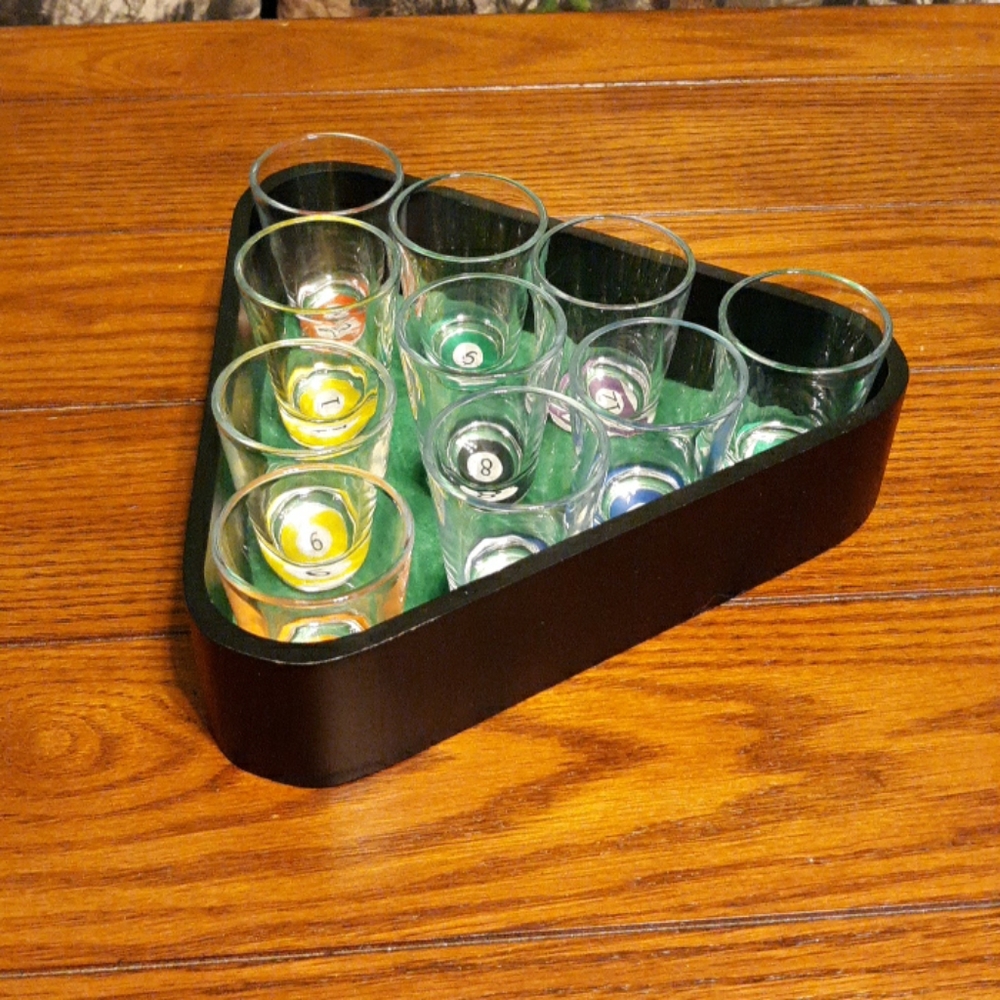 Billiard shot glass set with triangle serving tray
